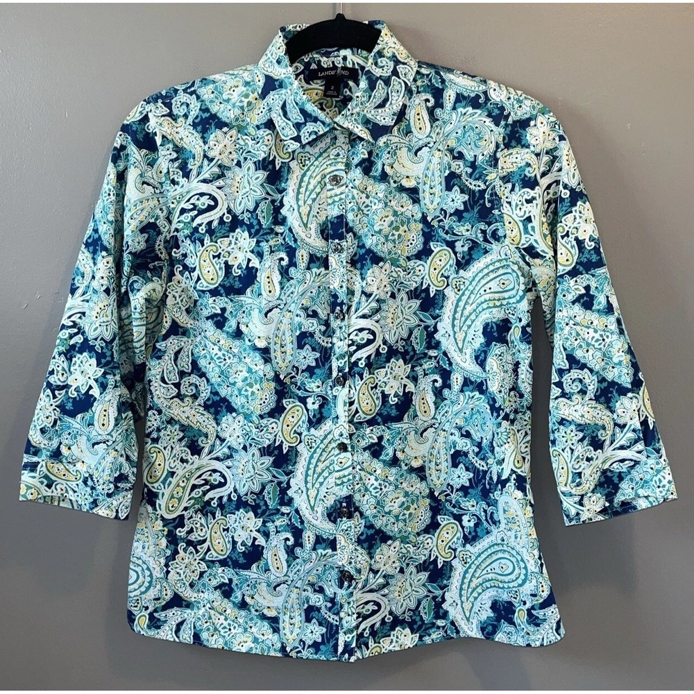 Lands End No Iron Paisley Button Down Shirt Womens 2 3/4 Sleeve Supima Cotton